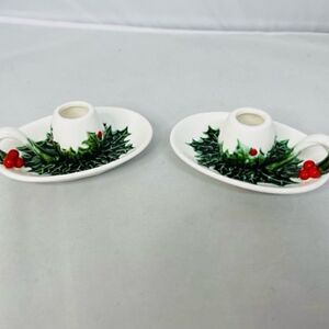 2 Lefton White Green Holly Berry Candle Holders - No 1341 The item size is 5" by